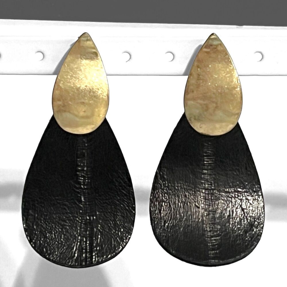 Metal Leather Dangle Teardrop Earrings Gold Tone Black Curved Statement Textured